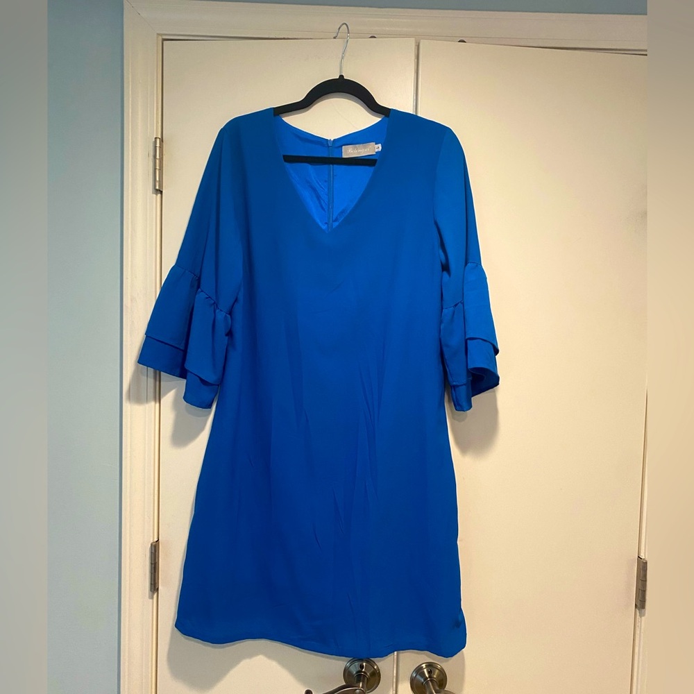 Blue A-line dress with bell sleeves
